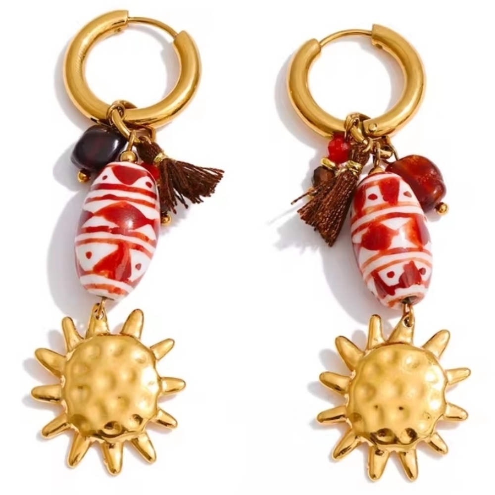 Sun Charm Huggie Hoop Earrings With Ceramic Beads | NWOT